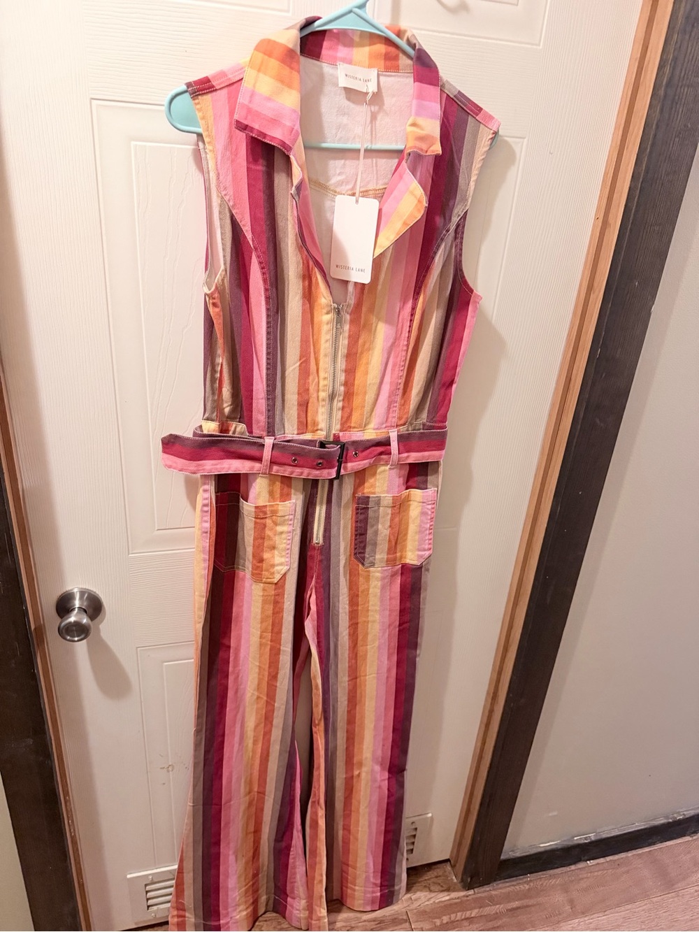 Striped Sleeveless Belted Jumpsuit - Pink Multi
